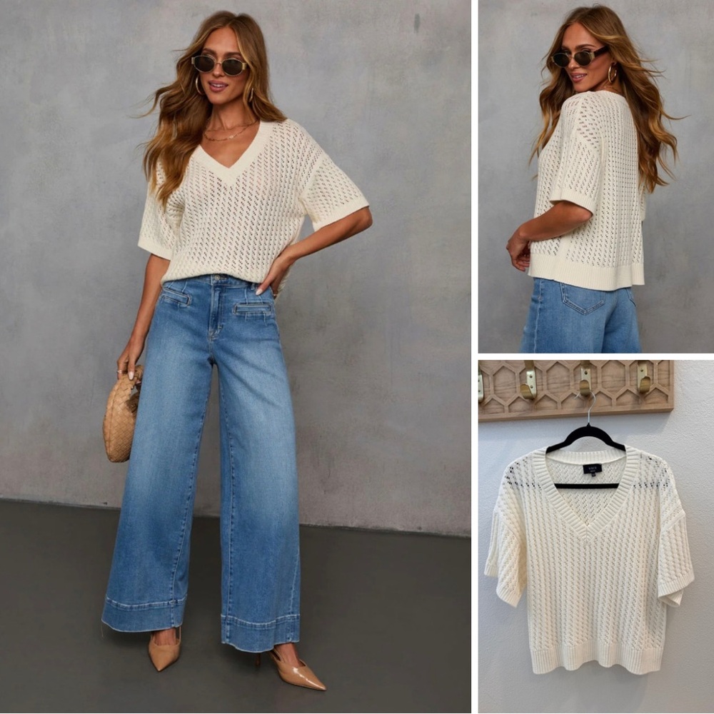 Vici Meet Me At The Sandbar Cotton Blend Top cream crochet sweater size small